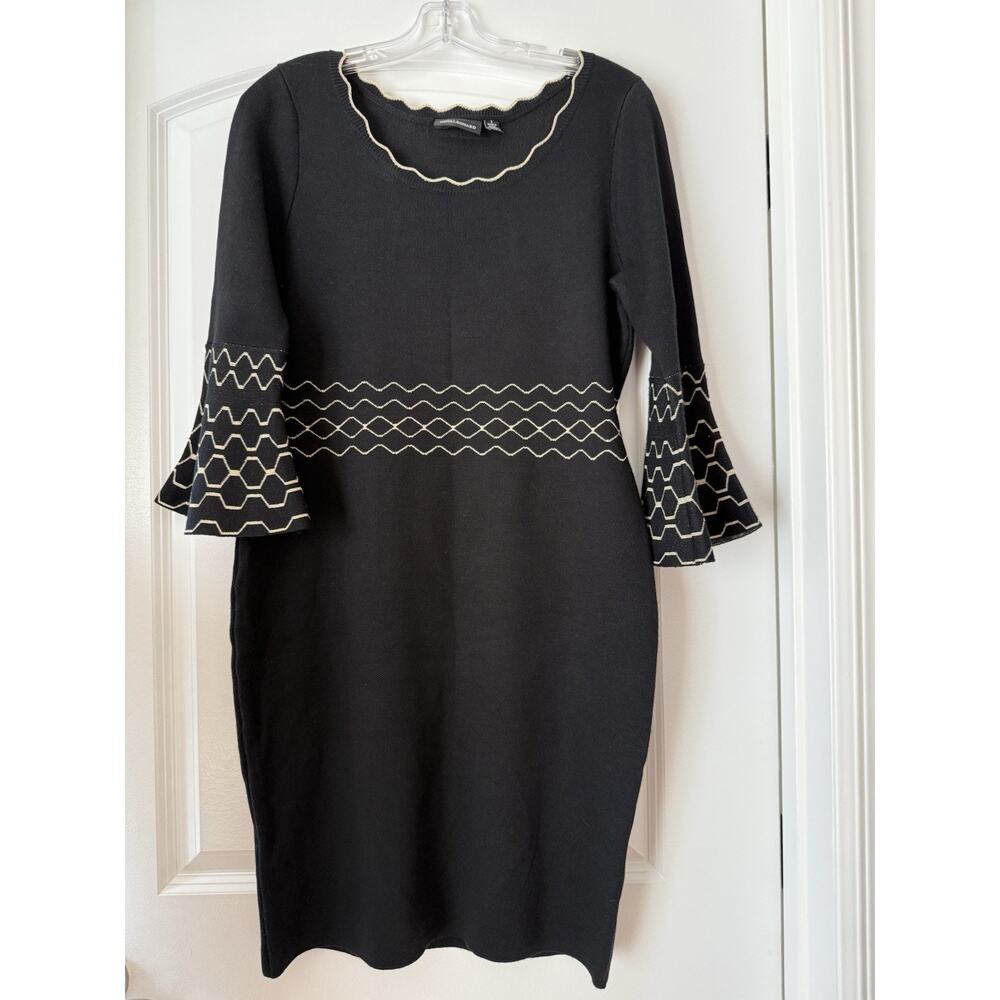 NINA LEONARD Black Knit 3/4 Bell Sleeves Sweater Dress Size Small